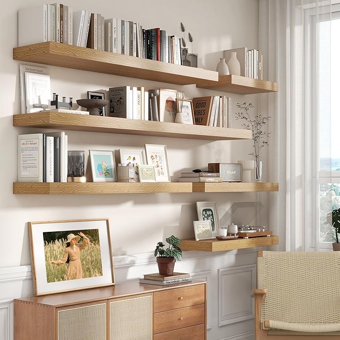 12 Inch Deep Floating Shelves | 30W x 12D Rustic Floating Shelves for Wall Set of 2 | Oak Shelves for Living Room Bathroom Laundry Room Bedroom Kitchen Home Office - Oak-HomvellaHome