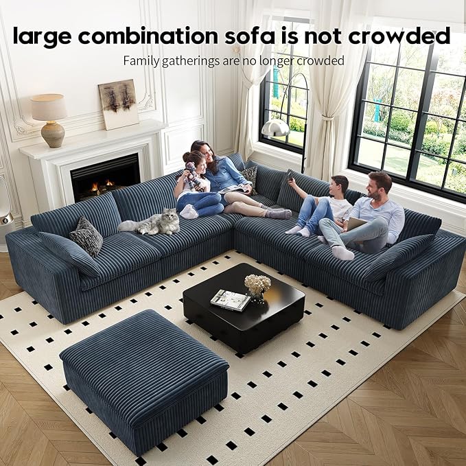 118" Cloud Couch Oversized Modular Sectional Sofa for Living Room,Modern Sofa with Deep Seat，6 Seater Boneless Couch,Comfy Upholstered Corduroy Couches for Apartment, Studio, Office,Bedroom，Blue-HomvellaHome