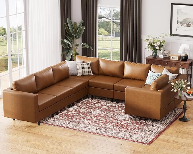 118.5" Faux Leather Modular Sectional Sofa, U Shaped Couch Set for Living Room, Large 8-Seater Comfy Cloud Couches with Storage Seat DIY Combination - Brown-HomvellaHome