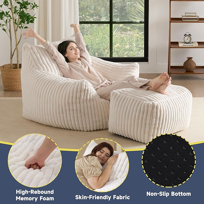 Giant Bean Bag Chairs for Adults, Oversized Chaise Lounge Chair Indoor with Memory Foam - Plush Boneless Lounger & Ottoman for Bedroom, Living Room, Gaming & Reading, Lazy Floor Sofa Chair, Beige-HomvellaHome