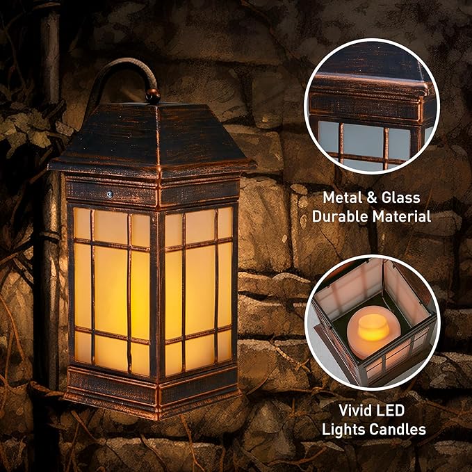 14" Solar Lantern Outdoor Waterproof, Glass Flickering Flame Solar Lanterns, Hanging Metal Lantern Decorative for Patio Front Porch Garden Backyard Tabletop Party Decoration-HomvellaHome