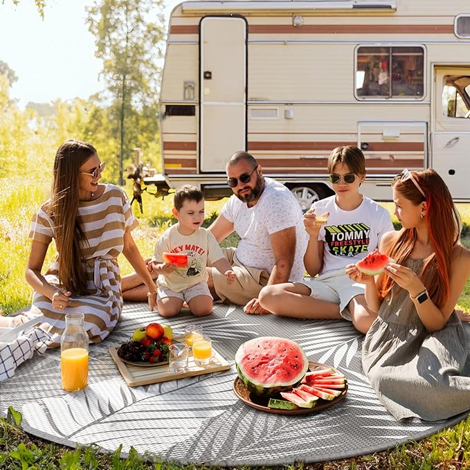 GENIMO Outdoor Rug 8' Round Waterproof for Patios Clearance, Reversible Outdoor Plastic Straw Camping Rug Carpet, Large Area Rugs Mats for RV, Camper, Deck, Balcony, Porch, Beach, Picnic, Grey&White-HomvellaHome