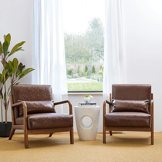 Glitzhome 30.75 "H Mid Century Coffee Accent Armchair, Single Reading Armchair PU Leather Lounge Chair with Walnut Ruberwood Frame-HomvellaHome