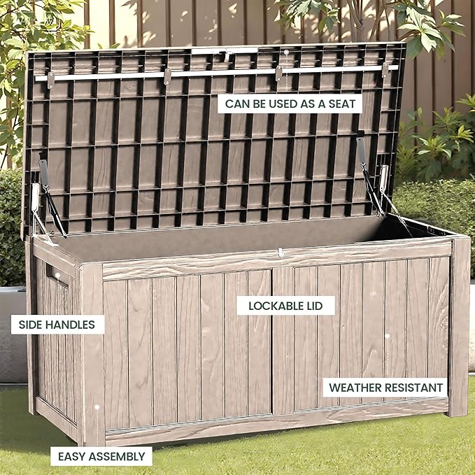 120 Outdoor Storage Box, Waterproof Resin Deck Box for Indoor & Outdoor Use, Lockable Storage Bench with Piston Hinge, Storage Bin for Patio Cushions, Garden Tools, Package Delivery, Grey-HomvellaHome
