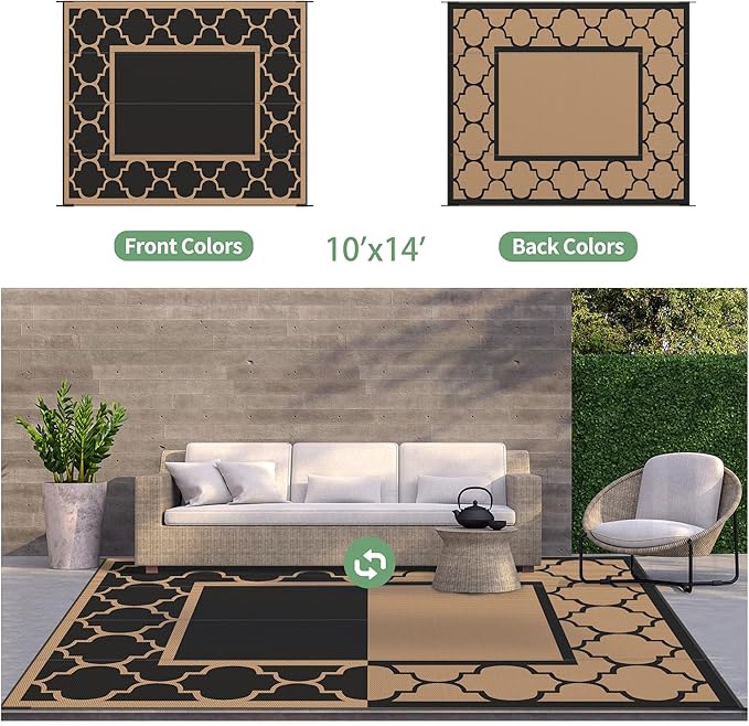 GENIMO 10 ' x 14 ' Outdoor Rug Waterproof for Patio Decor, Foldable Reversible Plastic Straw Area Rugs Mat for Camper, Outside Carpet for Rv, Deck, Porch, Picnic, Beach, Balcony, Black & Brown-HomvellaHome