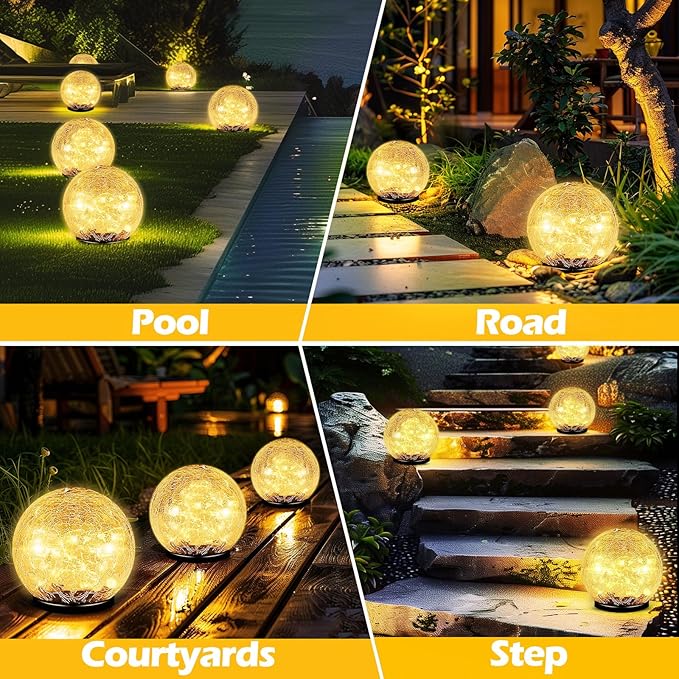 Garden Solar Ball Lights Outdoor Waterproof, 50 LED Cracked Glass Globe Solar Power Ground Lights for Path Yard Patio Lawn, Christmas Decoration Landscape Warm White(2 Pack 4.7'')-HomvellaHome