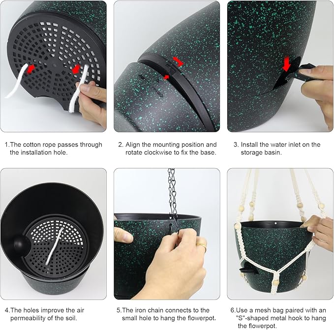 10 inch Self Watering Hanging Planters, 2 Pack Hanging Flower Pots for Indoor Outdoor Plants, Hanging Baskets with Drainage Holes & 2 Kinds of Plant Hangers for Home Decor, Speckled Black-HomvellaHome