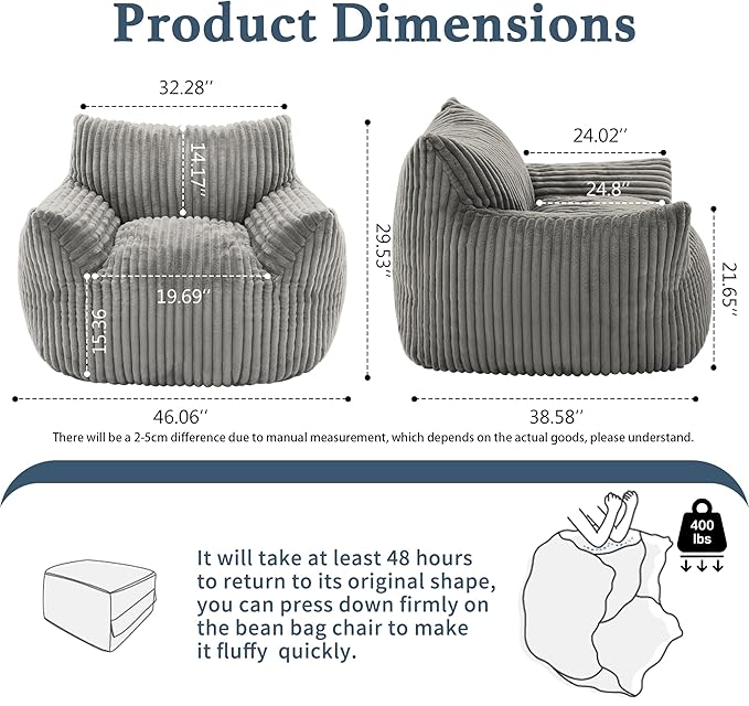 Giant Plush Bean Bag Chair for Adults with Armrests - Oversized Comfy Light Grey Beanbag Lounge Lazy Floor Sofa Accent Chair for Living Room, Bedroom & Dorm, Cozy Fluffy Single Cloud Mini Couch-HomvellaHome