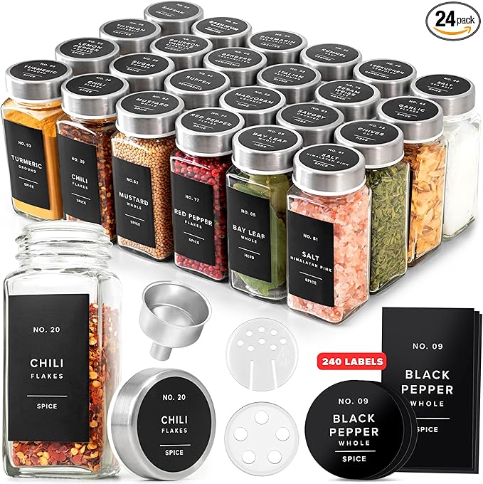 Glass Spice Jars with Labels and Steel Lids (24 x 4oz) Spice Containers with 240 Label, Steel Funnel, Shaker Inserts, Empty Square Seasoning Organizer for Spice Rack, Cabinet, Drawer-HomvellaHome