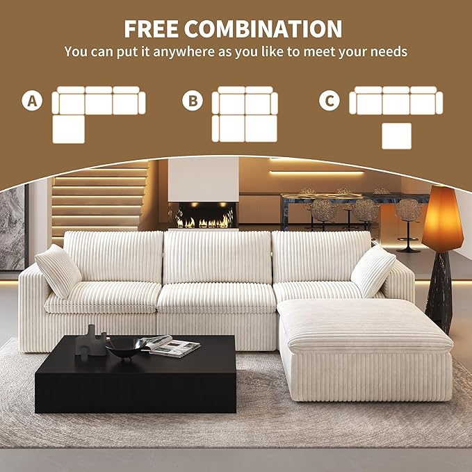 118" L Shaped Modern Sofa Modular Sectional Cloud Couch with Ottoman,Deep Seat Upholstered Couches with Plush Corduroy Fabric for Living Room Furniture,Bedroom and Apartment,No Assembly Required,White-HomvellaHome
