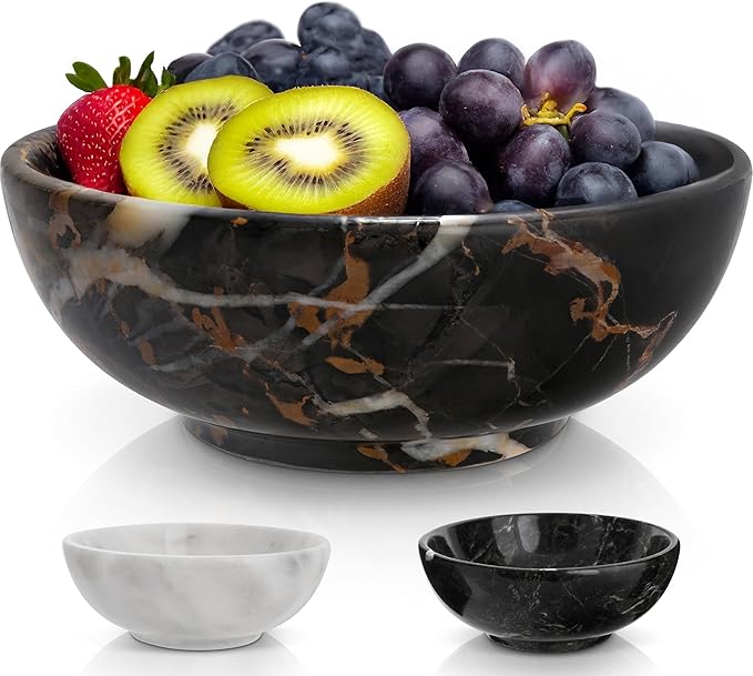 Gusto Nostro 8" Luxury Black Marble Decorative Bowl for Coffee Table - Elegant Decorative Fruit Bowl for Kitchen Counter - Heavy Stone Entryway Catch All for Keys, Potpourri Holder Centerpiece, Medium-HomvellaHome