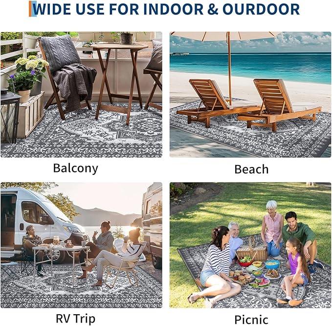 GAOMON Outdoor Patio Rug 9x12 Waterproof Reversible Plastic Straw Rug, Large UV-Resistant Portable RV Camping Mats, Indoor Outdoor Rugs for Outside Deck Porch Garden RV, Gray & White-HomvellaHome