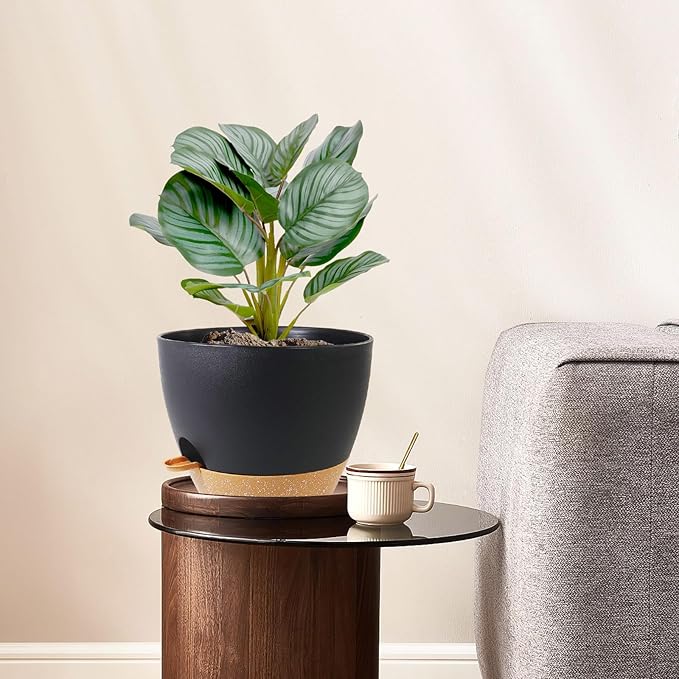 12/10/9 inch Large Self Watering Pots, Planter, Plant Pots with Mesh Drainage Holes for Indoor Outdoor Garden Plants, Plastic Flower Pots with Removable Deep Reservoir, Black with Brown-HomvellaHome