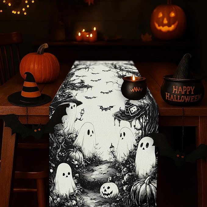 GPGHE Halloween Table Runner Black Ghost Holiday Burlap Table Decoration Indoor Outdoor Home Decor Party Supply 13 x 72 Inch-HomvellaHome