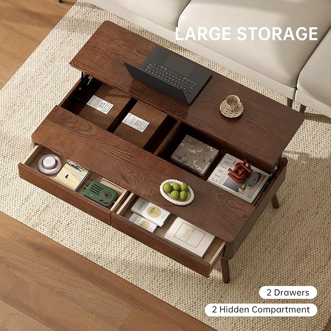 100% Solid Wood Lift Top Coffee Table for Living Room, Mid Century Modern Tables with Drawers and Large Storage, Oak Wood Coffee Tables for Small Spaces (Oak Walnut Color, 47.24"W x 23.62"D x 25.59"H)-HomvellaHome
