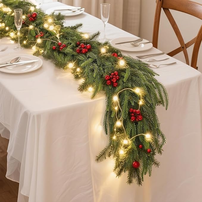 16FT Christmas Norfolk Pine Garland -1PCS, Artificial Pine Needles Garlands Faux Greenery Fake Garland for Holiday Fireplace,Table,Window,Stairs,Mante,Indoor Outdoor Decor-HomvellaHome