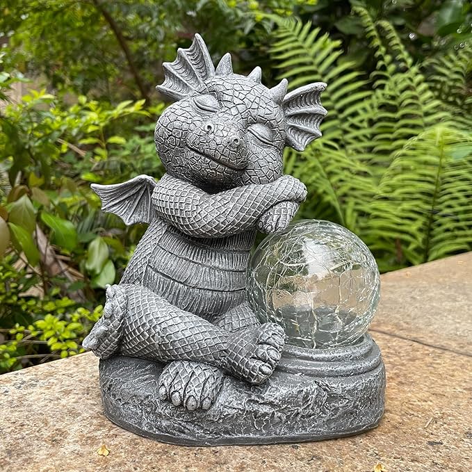 Garden Dragon Figurine Solar Powered Outdoor Cute Dragon with Hold Glowing Glass Ball Resin Sculpture for Porch Patio Lawn Farm Yard Home Decoration Gift for Women Housewarming-HomvellaHome