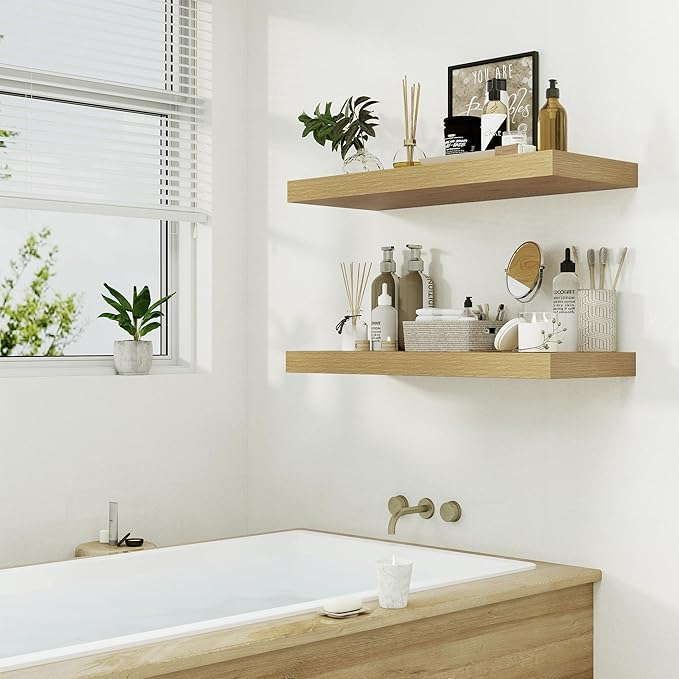 12" Deep Oak Floating Shelves,Over Toilet Long Wall Mounted Modern Farmhouse 36 inches,Wall Shelves with Invisible Brackets for Bedroom, Bathroom, Living Room, Kitchen, Set of 1-HomvellaHome