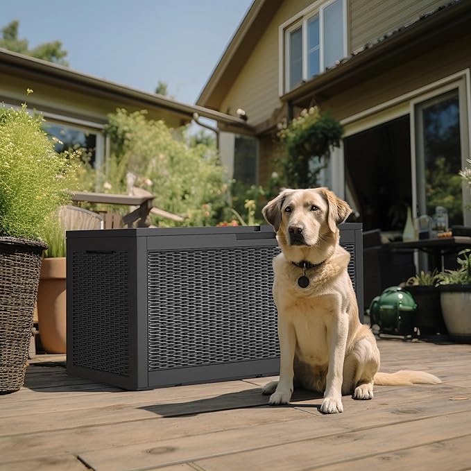 100 Gallon Outdoor Deck Box,Storage Lockable Waterproof Patio Furniture,Garden Tools,Cushions,Pool Accessories Outside Storage Resin Box(Black)-HomvellaHome
