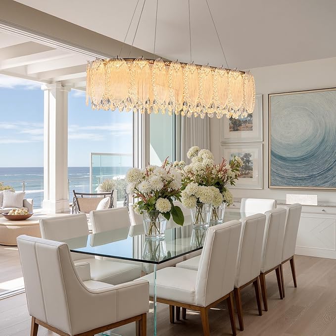 Gold Rectangle Modern Chandeliers for Dining Room Light Fixture, Water Ripple Crystal Glass LED Chandelier for Kitchen Island Bar Living Room, 2700K-6000K-HomvellaHome