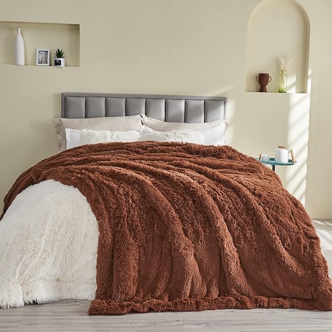 GONAAP Fuzzy Faux Fur Throw Blanket Queen Size Coffee Super Soft Cozy Plush Fuzzy Shaggy Blanket for Couch Sofa Bed (Coffee, Queen(90"x90"))-HomvellaHome