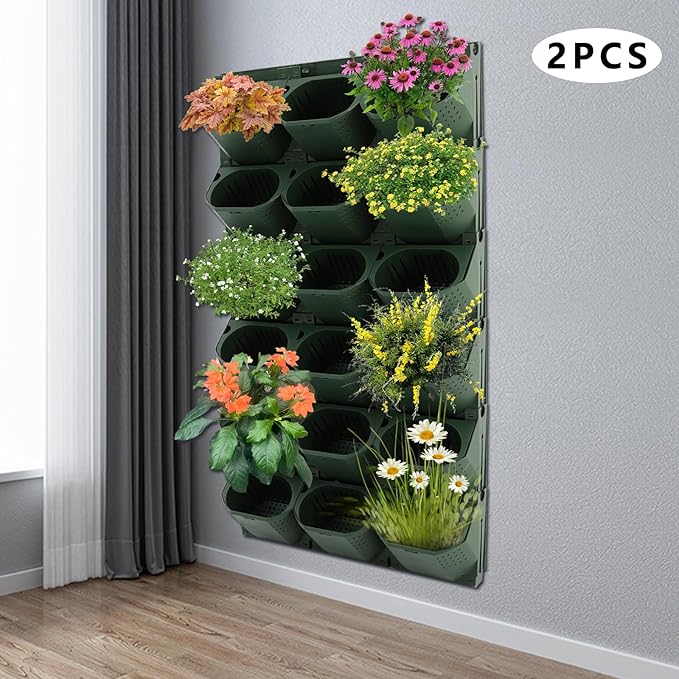 12Pieces 3-Pot Wall Planter Vertical Garden Plant Walls Wall Mounted Vertical Planter with Water-Storage Layer Stackable Wall-Mounted Flower Pot for Gardens, Balconies 180.78lbs Total Capacity (Green)-HomvellaHome