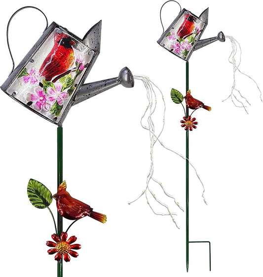 Garden Solar Lights Outdoor, Metal Watering Can Garden Stake Lights Cardinal Bird Decor Glass Art for Walkway, Pathway, Yard, Lawn-HomvellaHome