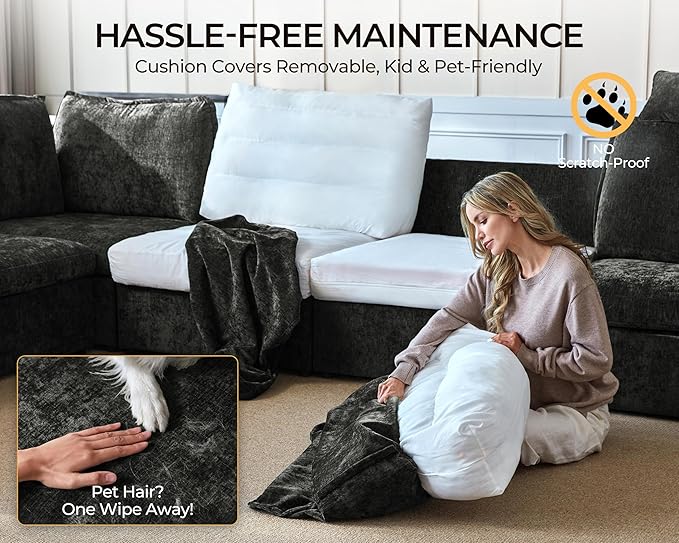 124.8'' Oversized Modular Sofa Comfy Cloud Couch with Storage, Extra Wide Sectional Sofa for Living Room, Covers Washable, 3-Seater, Chenille, Black-HomvellaHome