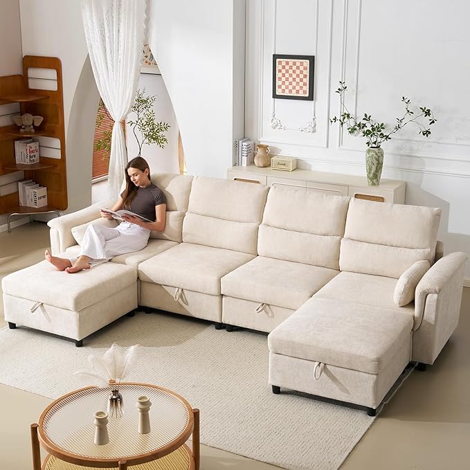 132'' Oversized Modular Sectional Sofa, U Shaped Comfy Sectional Couch with Large Storage, 6 Seat Chenille Deep Seat Cloud Sofa with 2 Throw Pillows for Living Room,Beige-HomvellaHome