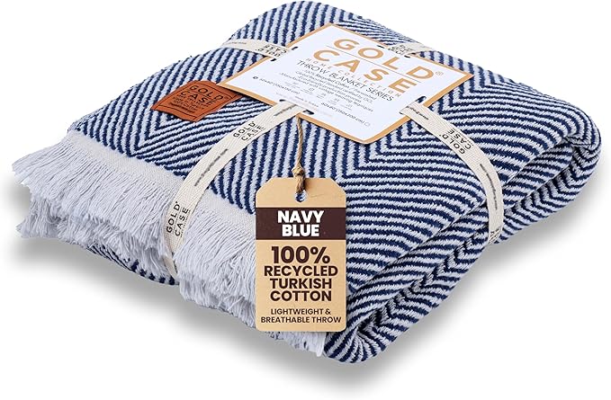 Gold Case Throw Blanket for Couch – 100% Recycled Turkish Cotton Blankets & Throws – Elegant Decorative Throw Blankets for Living Room Sofa – Woven Throws for Couch – Elegant Navy Blue – 50x60-HomvellaHome