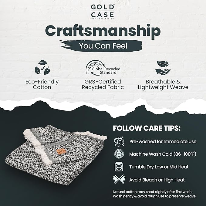 Gold Case Throw Blanket for Couch – 100% Recycled Turkish Cotton Blankets & Throws – Elegant Decorative Throw Blankets for Living Room Sofa – Woven Throws for Couch – Retro Black – 50x60-HomvellaHome