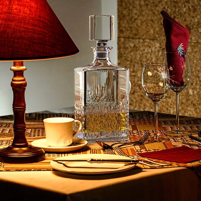 Glass Decanter with Airtight Geometric Stopper - Whiskey Decanter for Wine, Bourbon, Brandy, Liquor, Juice, Water, Mouthwash. Italian Lead-Free Glass (700ml/Crushed Ice)-HomvellaHome