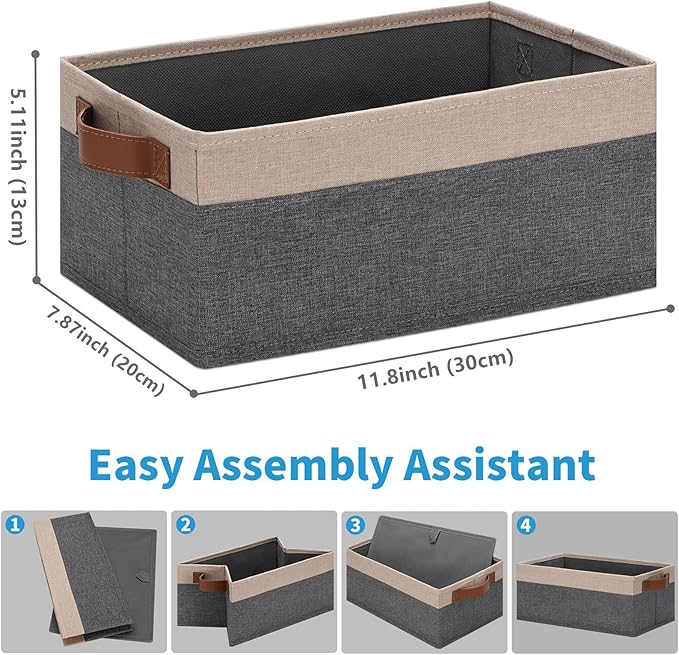 GhvyenntteS Small Fabric Storage Bins 12 Pack, 11.8" x 7.87" x 5.11" Storage Basket with Leather Handles, Closet Storage Bins for Shelves, Storage Baskets for Shelves, DVD Storage (Grey&Beige Yellow)-HomvellaHome