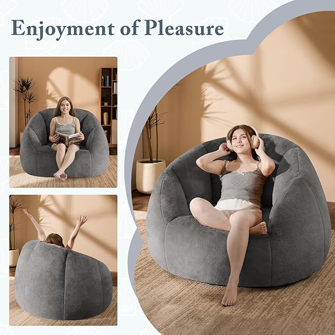Giant Bean Bag Chaise Lounge Indoor Chair for Adults - Comfy Plush Round Shell Soft Accent Chair, Oversized Cozy Floor Sofa for Living Room, Bedroom & Game Rooms, Gray-HomvellaHome