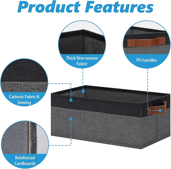 GhvyenntteS Small Fabric Storage Bins 12 Pack, 11.8" x 7.87" x 5.11" Storage Basket with Leather Handles, Closet Storage Bins for Shelves, Storage Baskets for Shelves, DVD Storage (Grey/Black)-HomvellaHome