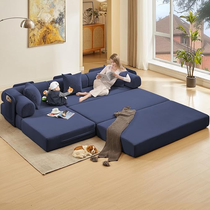 107" Oversized Convertible Sleeper Sofa Bed, Corduroy L Shape Sectional Couch, Folding Sofa Bed with Side Pocket, Modern Cloud Floor Mattress Couch,Modular Sofa for Living Room,Dark Blue-HomvellaHome
