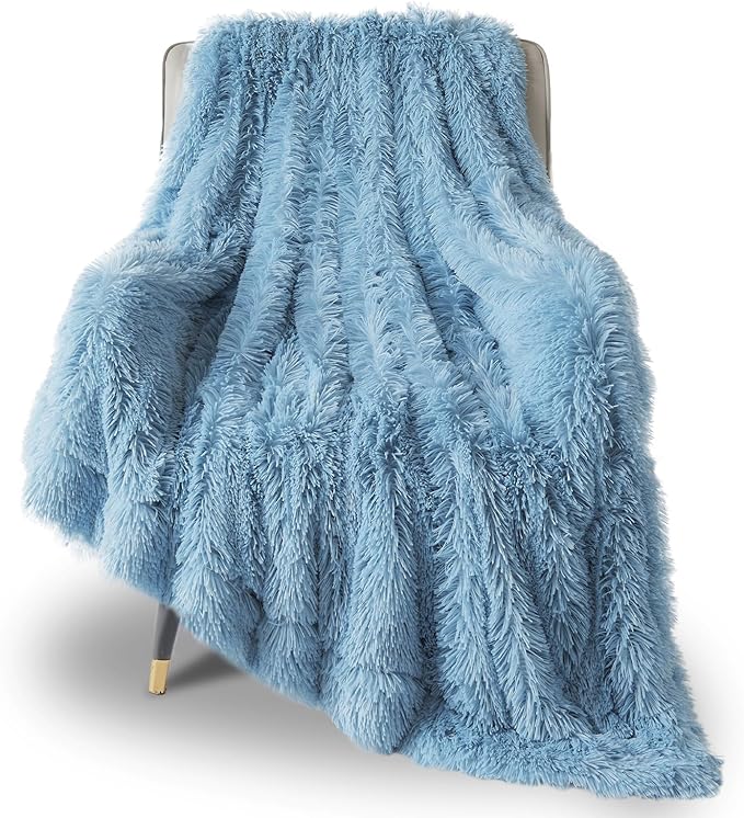 GONAAP Fuzzy Faux Fur Throw Blanket Twin Size Light Blue Super Soft Cozy Plush Fuzzy Shaggy Blanket for Couch Sofa Bed (Light Blue, Twin(60"x80"))-HomvellaHome