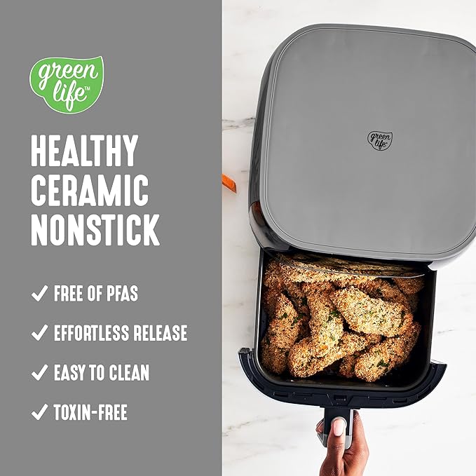 GreenLife Compact Electric Air Fryer Oven, 5.3 QT, PFAS-Free Ceramic Nonstick Drawer, 8 One Touch Digital Display, Easy View Window, Auto Shut-Off Timer, Dishwasher Safe Parts, 1500 Watts, Graphite-HomvellaHome
