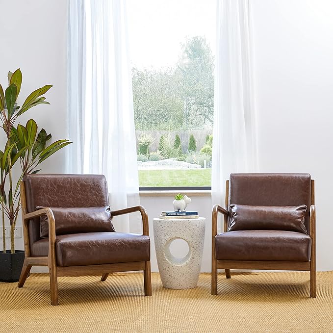 Glitzhome 2 Set Mid Century Coffee Accent Armchair, Single Reading Armchair PU Leather Lounge Chair with Walnut Ruberwood Frame-HomvellaHome