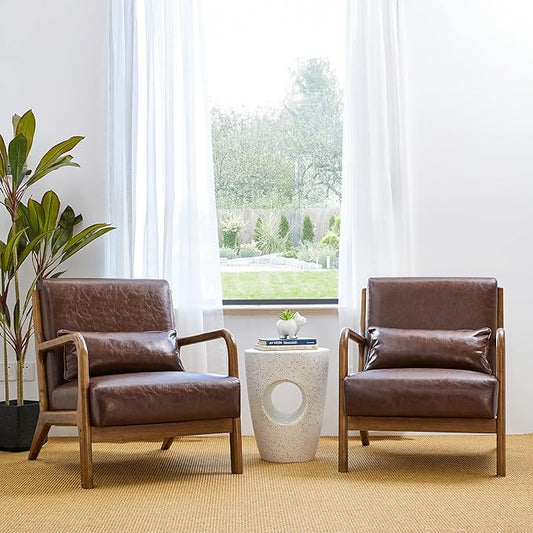 Glitzhome 2 Set Mid Century Coffee Accent Armchair, Single Reading Armchair PU Leather Lounge Chair with Walnut Ruberwood Frame-HomvellaHome