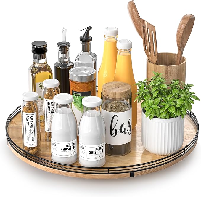 16" Lazy Susan Oak Wood Turntable Organizer for Cabinet, Farmhouse Round Wooden Large Lazy Susan Organization and Storage for Dining Table, Pantry, Kitchen, Bathroom, Countertop, Cupboard, Home Decor-HomvellaHome