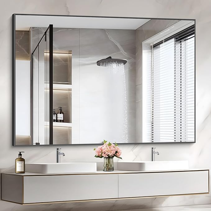 36x50inch Bathroom Mirror, Black Rectangle Mirrors with Thin Metal Frame, Large Rectangular Wall Mirror for Bathroom, Living Roomm, Hair Salon, Big Farmehouse Mirror Hang Horizontal/Vertical-HomvellaHome