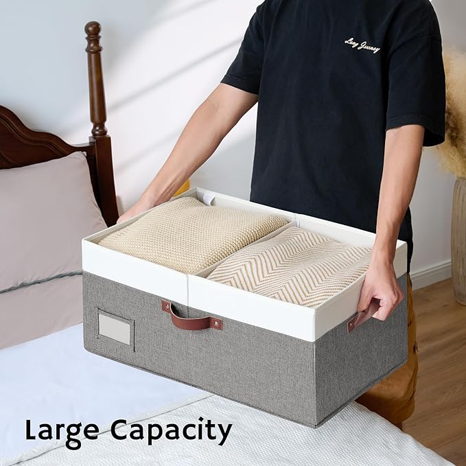 GRANNY SAYS Decorative Storage Boxes with Lid, Large Storage Bins with Double-Open Lid and Divider, Fabric Storage Bins for Clothes, Linen Storage Bins, 63L Closet Storage Bins, White&Gray-HomvellaHome