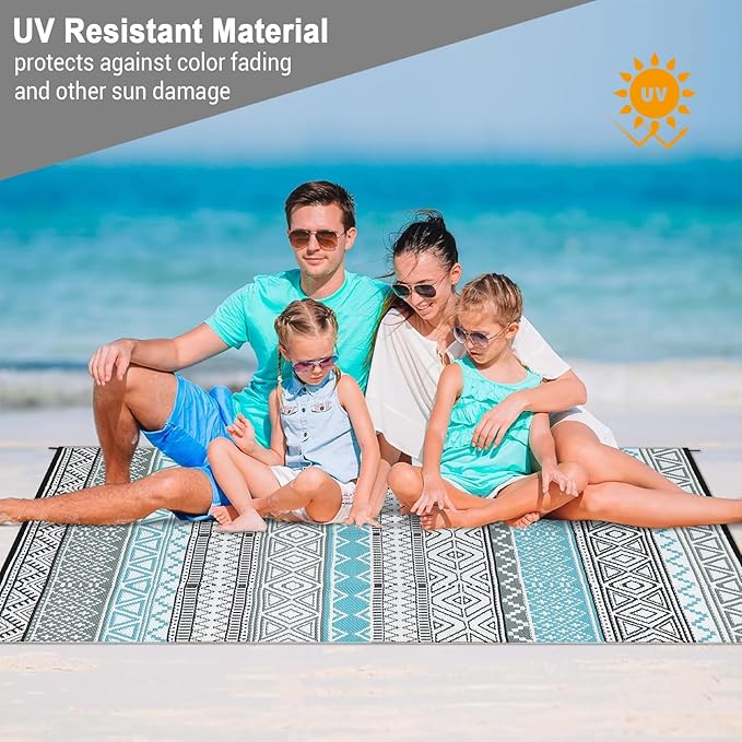 GAOMON Outdoor Rug 9'x12' Waterproof Rug for Patio Decor, Foldable Reversible Plastic Straw Area Rugs Mat for Camper, Outside Carpet for Deck, Porch, Picnic, Beach, Blue/Grey(Bohemia)-HomvellaHome