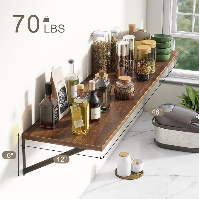 12 Inch Deep Floating Shelves,48W x 12D Floating Shelves, Deep Wall Shelves Bracket Set of 2, Large Display Floating Shelf for Bathroom, Living Room, Wide Storage Wooden Wall Shelf, Walnut-HomvellaHome