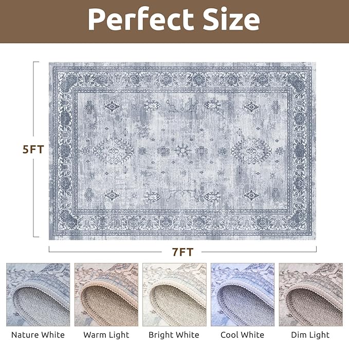 AMOAMI-Vintage Area Rug 5X7 Blue Rugs for Living Room-Soft Living Room Rug Non Slip Rugs for Bedroom Carpet Machine Washable Rug for Dining Room Bedside Office Room Decor-HomvellaHome