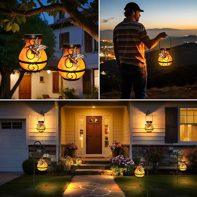 2 Pack Solar Lanterns for Outside Hanging,Solar Garden Lights Outdoor Waterproof with Flickering Flame,Led Lantern for Patio Yard Camping Halloween Decorations,Gardening Gifts for Mom-HomvellaHome