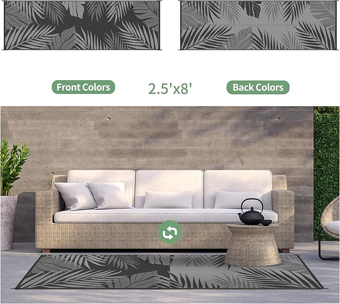 GENIMO Outdoor Rug 2.5' x 8' Waterproof for Patios Clearance, Reversible Outdoor Plastic Straw Camping Rug Carpet, Large Area Rugs Mats for RV, Camper, Deck, Balcony, Porch, Beach, Picnic, Black&Grey-HomvellaHome