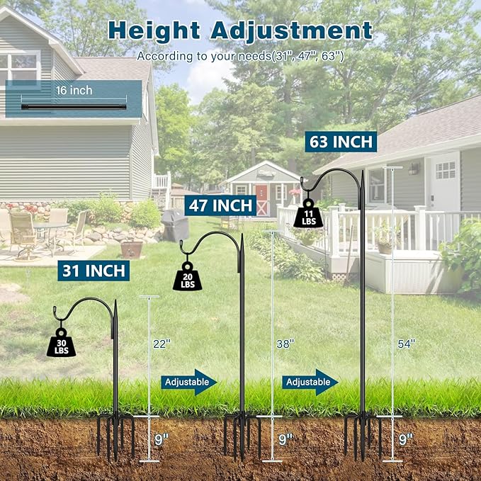 Gtongoko 63 Inch Shepherds Hooks for Outdoor with 5 Prongs Base, Adjustable Bird Feeder Pole Garden Hooks for Hanging Lanterns, Plants Baskets, Hummingbird Feeders, 1 Pack-HomvellaHome