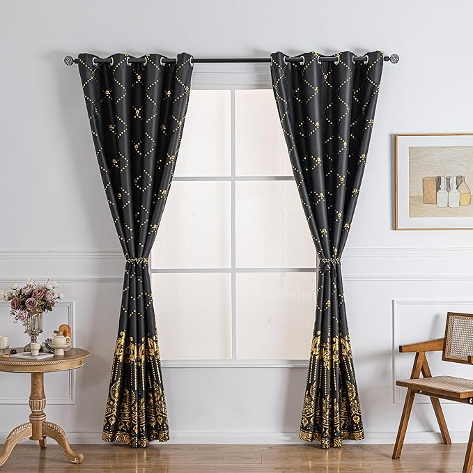 Grommets Blackout Long Window Curtains Black Gold-52W*95L 2PCS Drapes for Bedroom-HomvellaHome